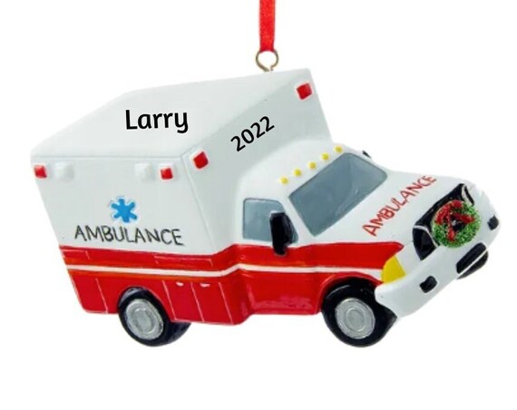 Ambulance with Christmas Wreath Personalized Christmas Ornament - EMT Medical Hand Personalized Christmas Ornament 2022