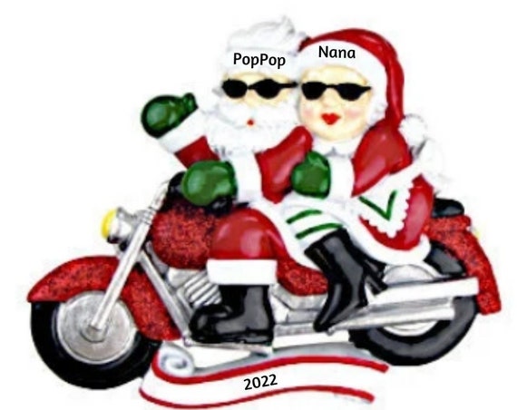 Santa and Mrs. Claus on a Motorcycle Personalized Ornament - Hand Personalized Christmas Ornament