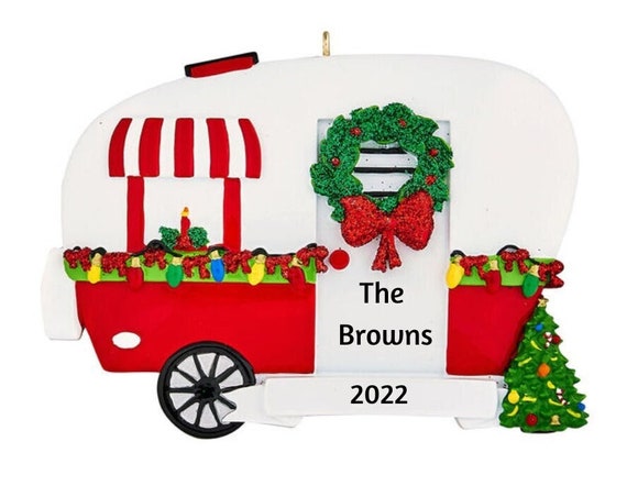 Festive Camper Decorated with Holiday Lights Christmas Ornament for Personalization - Christmas Camper Ornament 2022