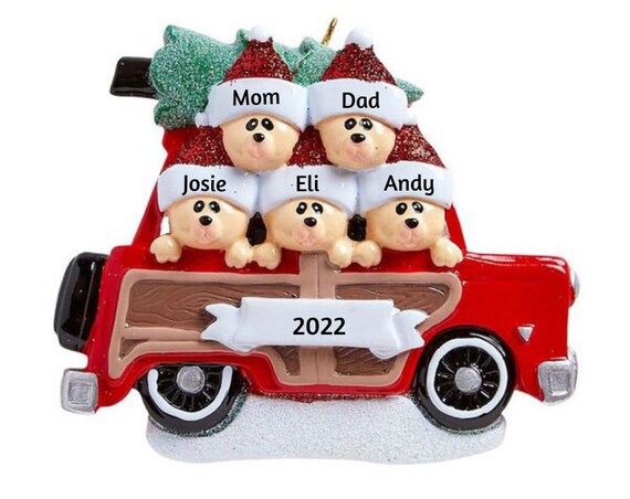 5 Bears Road Trip in Red Station Wagon Car Hand Personalized Christmas Ornament - Family of Five Bears Christmas Ornament 2022