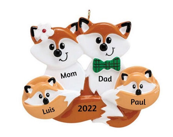 Family of 4 Tan Foxes Christmas Ornament - Foxy Family of Four Hand Personalized Christmas Ornament 2022