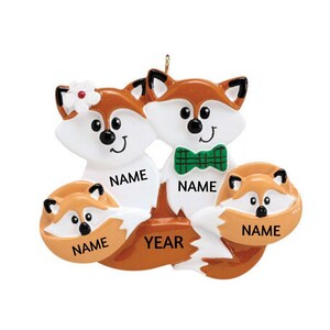 Personalized Fox Family Ornament - Family of 4 Tan Foxes Christmas Ornament - Foxy Family of Four Christmas Ornament - Fox Family Ornament