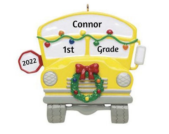 School Bus with Festive Christmas Wreath - School Bus Driver Hand Personalized Christmas Ornament 2022