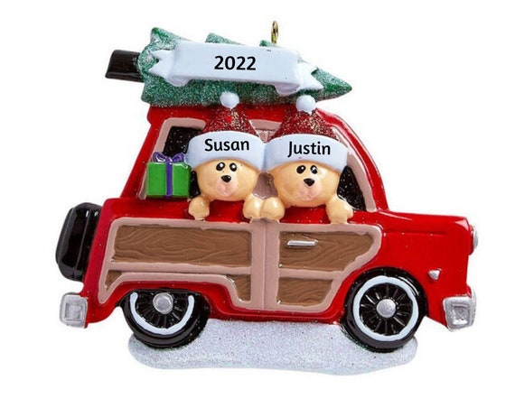 2 Bears Road Trip in Red Station Wagon Car Hand Personalized Christmas Ornament - Bear Couple, Best Friends or Siblings Ornament 2022
