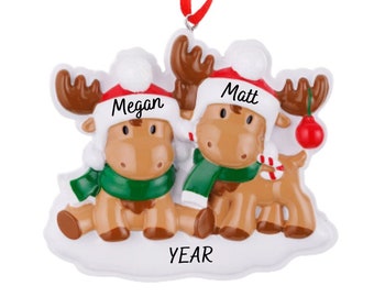 Festive Moose Couple, Sibling or Friends - Moose Family Of 2 Personalized Christmas Ornament 2023