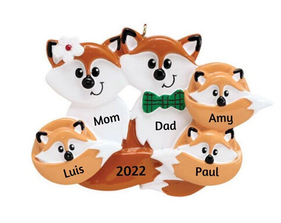 Family of 5 Tan Foxes Christmas Ornament - Foxy Family of Five Hand Personalized Christmas Ornament 2022