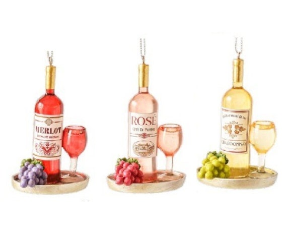 Festive Wine Bottles on Cheese Tray Ornaments - Merlot, Rose, Chardonnay Ornaments - Red and White Wine Christmas Ornaments 2022