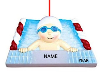 Swimmer Boy in Pool Personalized Ornament - Swim Team - New Swimmer taking Swimming Lessons - Hand Personalized Christmas Ornament 2024