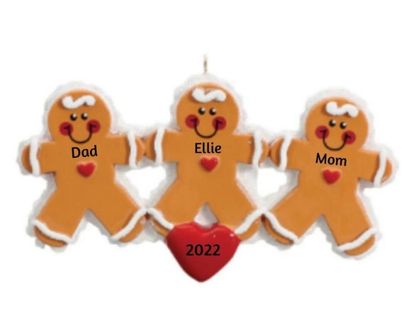 Gingerbread Family of 3 with Heart Christmas Ornament - Three Gingerbread Cookies Hand Personalized Family Ornament 2022