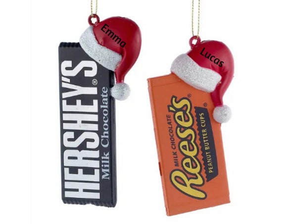 Hershey and Reese's Chocolate Bar With Santa Hat Holiday Personalized Christmas Ornaments 2022