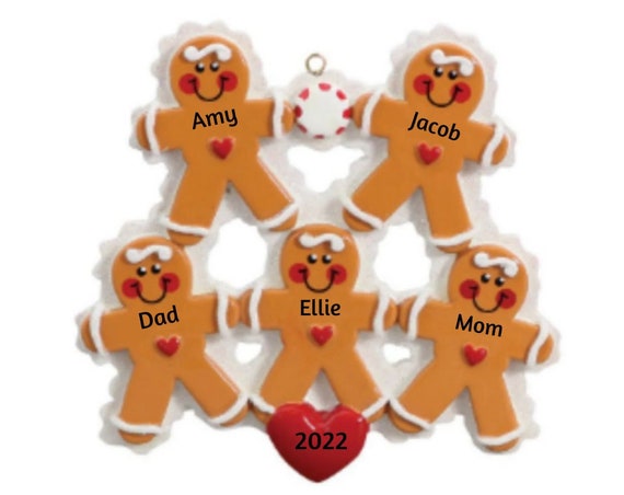 Gingerbread Family of 5 with Heart- 5 Gingerbread Cookies Personalized Family Ornament 2022
