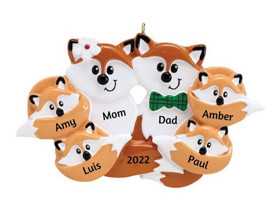 Family of 6 Tan Foxes Christmas Ornament - Foxy Family of Six Hand Personalized Christmas Ornament 2022