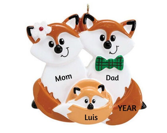 Family of 3 Tan Foxes Christmas Ornament - Foxy Family of Three Hand Personalized Christmas Ornament 2022
