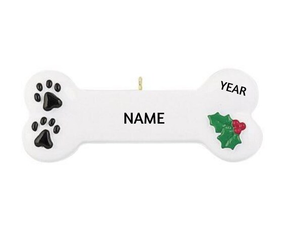 White Dog Bone with Paw Prints and Mistletoe Personalized Christmas Ornament - Dog Bone Hand Personalized Christmas Ornament 2022