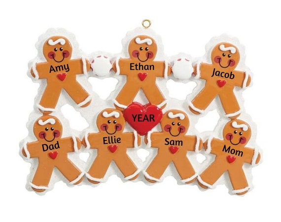 Gingerbread Family of 7 with Heart Christmas Ornament - Seven Gingerbread Cookies Family Hand Personalized Ornament 2022