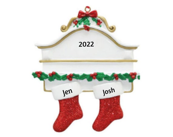 Family of 2 - Two Red Glitter Stockings Hanging on Mantle - Family of 2 Hand Personalized Christmas Ornament 2022