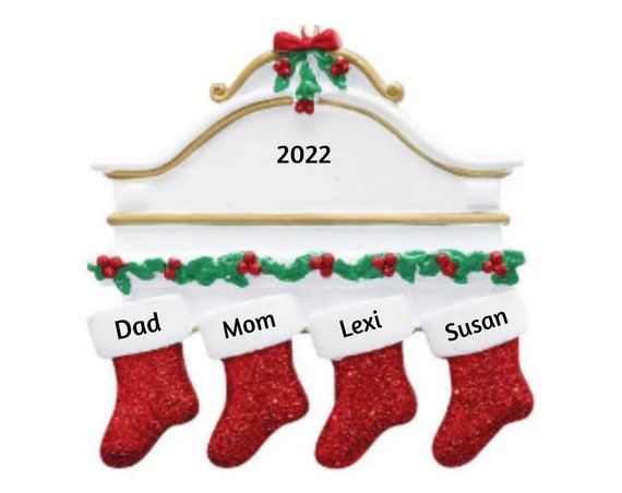 Family of 4 - Four Red Glitter Stockings Hanging on Mantle - Family of Four Hand Personalized Christmas Ornament 2022