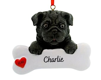 Adorno navideño personalizado de Pug negro- Hueso de perro Pug - Adorno navideño personalizado a mano