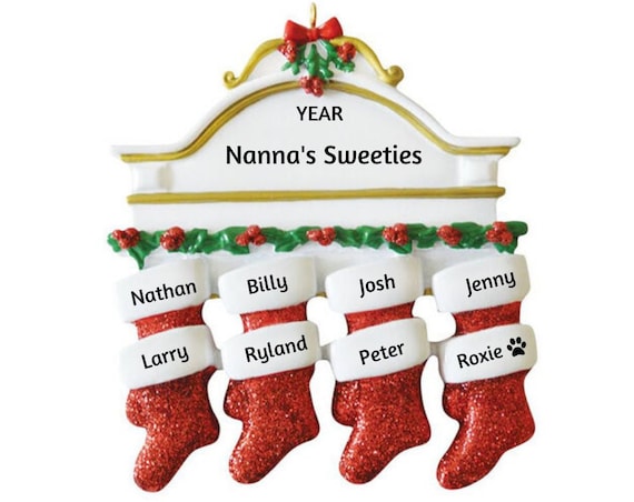 Family of 8 - Eight Red Glitter Stockings Hanging on Mantle - Family of Eight Hand Personalized Christmas Ornament 2022
