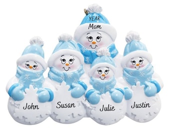 Snowman Family of 5, Single Parent Snowman Family of Five Personalized Christmas Ornament