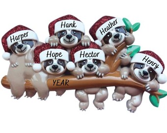 Personalized Sloth Family Ornament - 6 Sloths Ornament - Sloth Family of 6 Personalized Christmas Ornament - Free Personalization