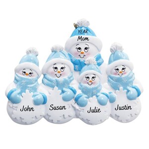 Gepersonaliseerd familieornament sneeuwpop - ornament gezin van 5, alleenstaande ouder ornament met vier kinderen - aangepast familieornament sneeuwpop