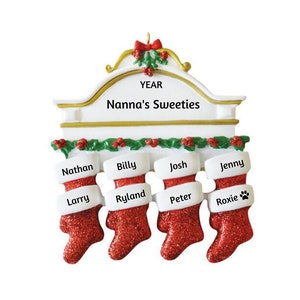 Personalized Stockings on Mantle Family Ornament - Family of 8 - Eight Red Stockings Hanging on Mantle - Family of Eight Christmas Ornament