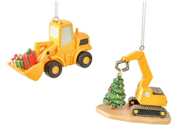 Festive Yellow Pave Loader and Excavator Christmas Ornament 2022