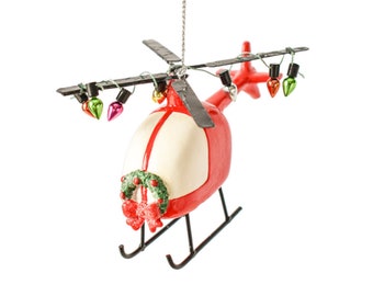 3D Helicopter with Festive Lights and Wreath Holiday Christmas Ornament - Red Helicopter with Festive Lights Ornaments