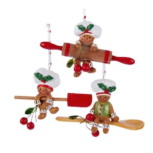 Personalized Gingerbread Ornaments - Baking Ornaments - Baking Tool Ornament, Gingerbread Boy on Wooden Spoon, Spatula, Rolling Pin Ornament