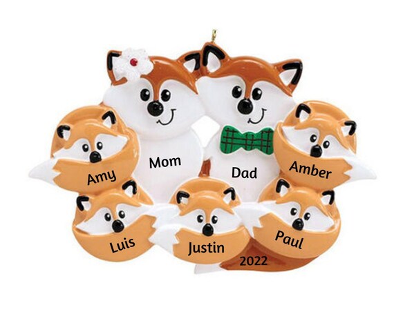 Family of 7 Tan Foxes Christmas Ornament - Foxy Family of Seven Hand Personalized Christmas Ornament 2022