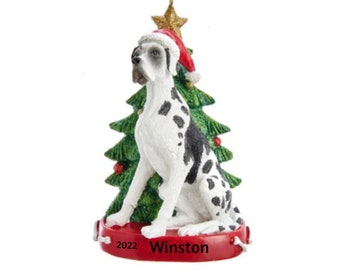 Great Dane with Santa Hat by Festive Christmas Tree Personalized Christmas Ornament- Great Dane Dog Personalized Ornament