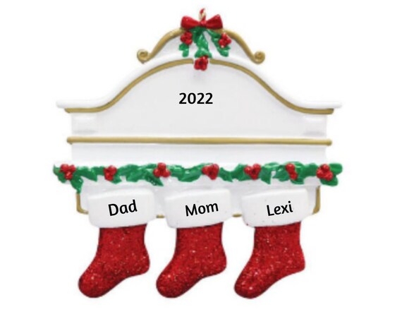 Family of 3 - Three Red Glitter Stockings Hanging on Mantle - Family of Three Hand Personalized Christmas Ornament 2022
