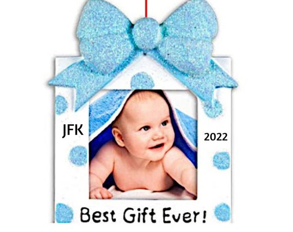 Baby Boy Picture Frame Ornament- Blue Baby Boy Photo Frame Hand Personalized Christmas Ornament