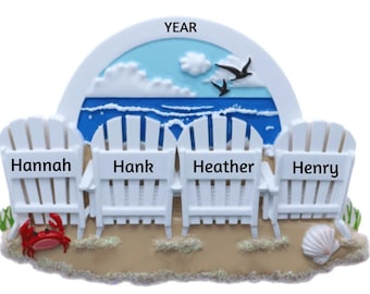 Personalized Beach Family Ornament - 4 White Beach Chairs, Family Of 4 at the Beach Personalized Christmas Ornament - Beach Vacation