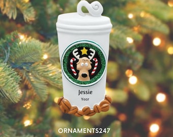 Gepersonaliseerd koffieornament - Starbucks-ornament - koffiekop met rendier Gepersonaliseerd kerstornament - ornament koffieliefhebber