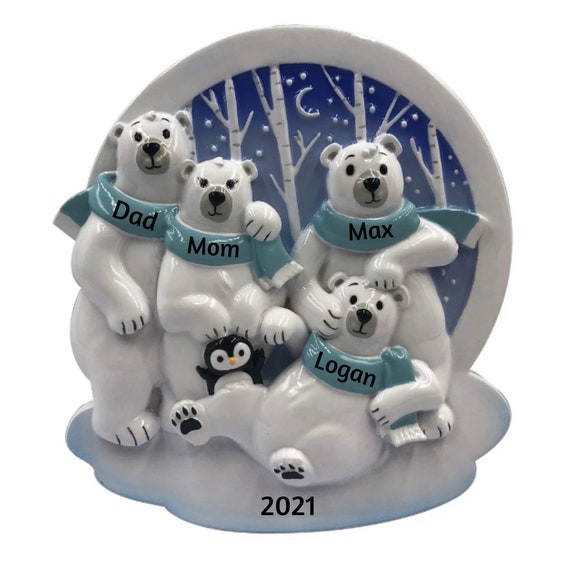 4 Arctic Polar Bears with Blue Scarves Hand Personalized Christmas Ornament - Family of Four Polar Bears Personalized Ornament 2022