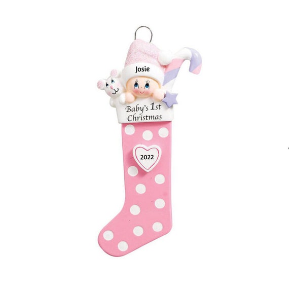 Baby Girl in a Long Pink Stocking - Baby Girl - Baby's First Christmas - Hand Personalized Christmas Ornament 2022
