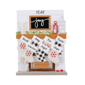 Personalized Stockings Family Ornament - 7 Stockings Hanging on Modern Mantle - Grandchildren Ornament with Names - Gift for Grandparents