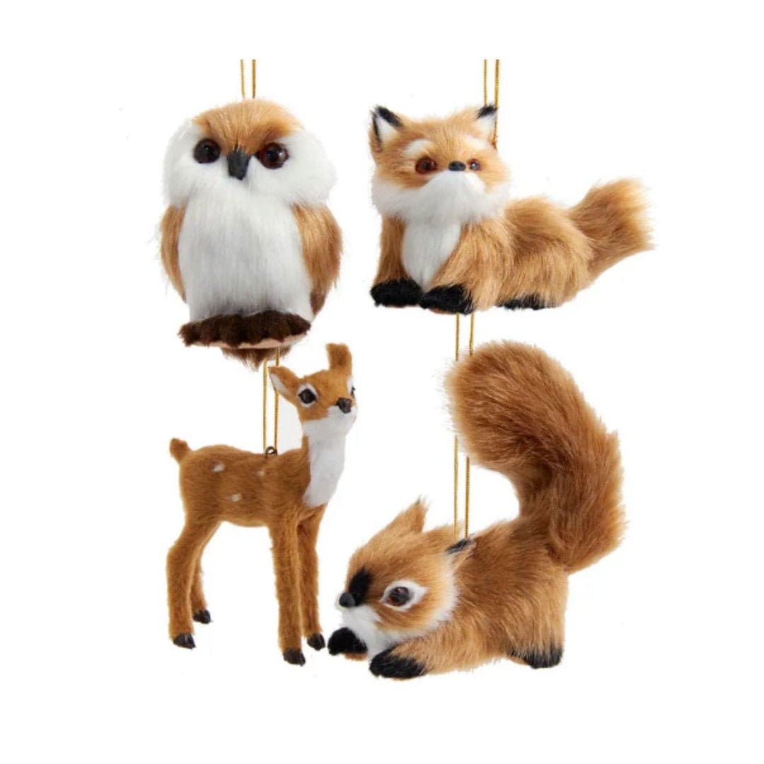Woodland Animal Ornaments - Furry Brown Deer, Squirrel, Owl