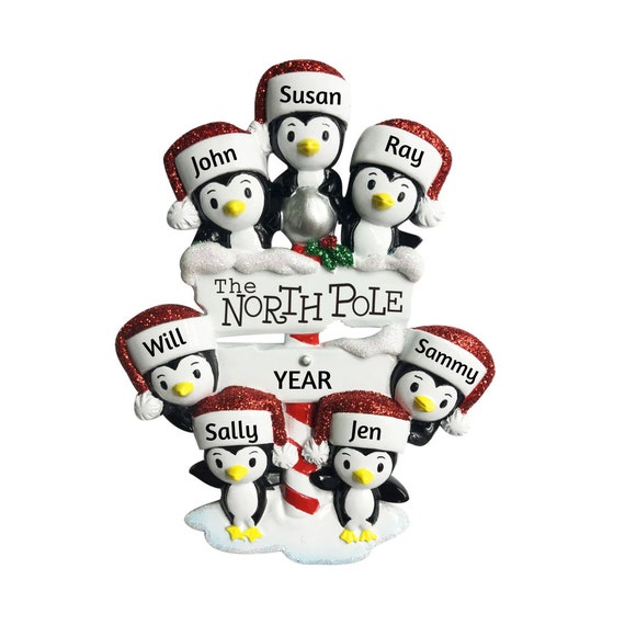 North Pole Penguin Family of 7 Hand Personalized Christmas Ornament - 7 Penguins Visiting North Pole Ornament 2022