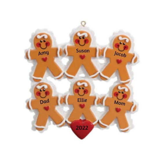 Gingerbread Family of 6 with Heart- 6 Gingerbread Cookies Personalized Family Ornament 2022