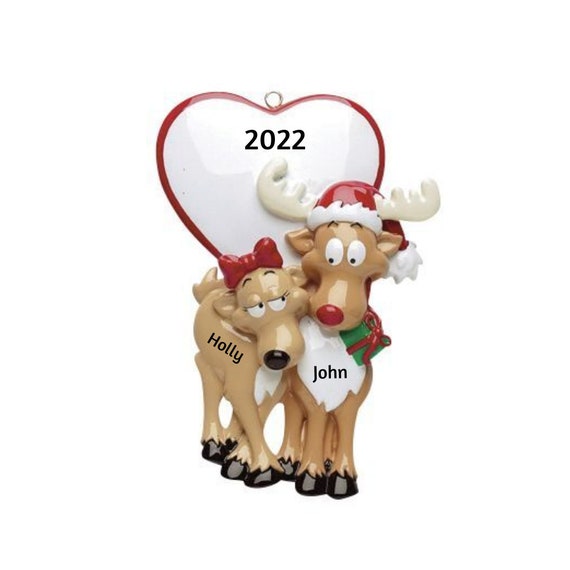 Reindeer Couple w/ Heart & Present Box Christmas Ornament - Reindeers In Love Hand Personalized Christmas ornament 2022