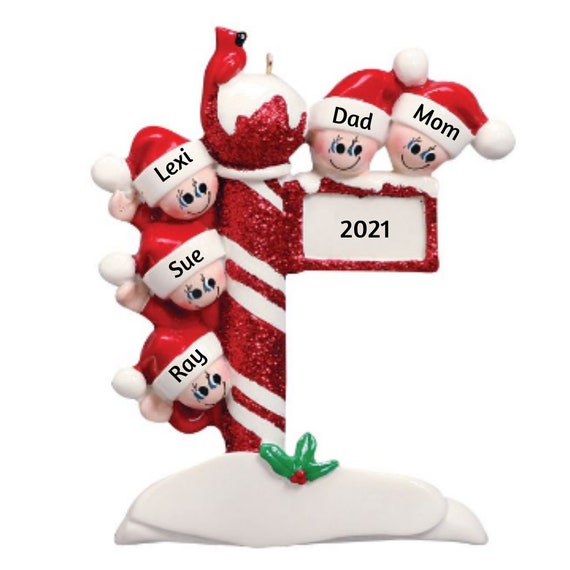 Family of 5 - Glittery Candy Cane Street Post Personalized Ornament - Family of Five Hand Personalized Christmas Peppermint Post Ornament