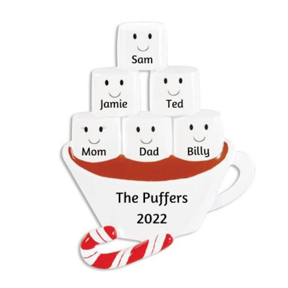 Family of 6 Christmas Ornament - 6 Marshmallows in Hot Chocolate Hand Personalized Family Christmas Ornament 2022