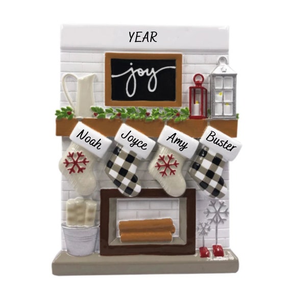 4 Stockings Hanging on Modern Mantle - Joyful Mantle Family of Four Stockings Hand Personalized Christmas Ornament 2022