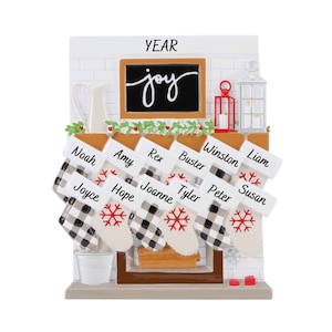 Personalized Stockings Mantle Family Ornament - 12 Stockings Hanging on Modern Mantle - Grandchildren Ornament - Large Family Ornament