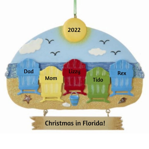 Family of 5 Beach Chairs, Beach Vacation Christmas Ornament for Personalization 2022