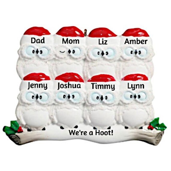 Family of 8 - 8 White Snow Owls, Friends or Siblings Personalized Christmas Ornament - Eight Owls on a Branch Christmas Ornament