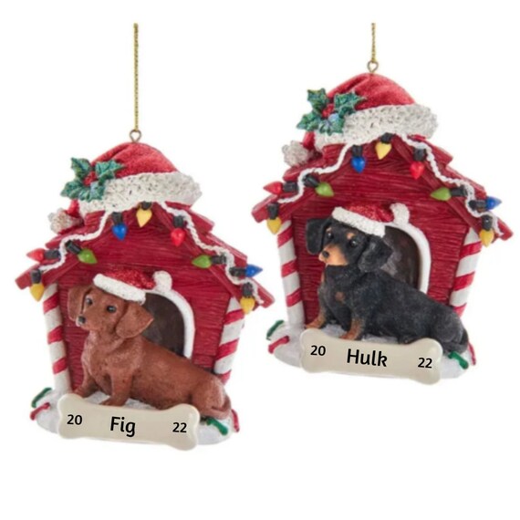 Brown and Black Dachshund With Dog House Ornament For Personalization- Dachshund Dog House and Bone Ornament 2022